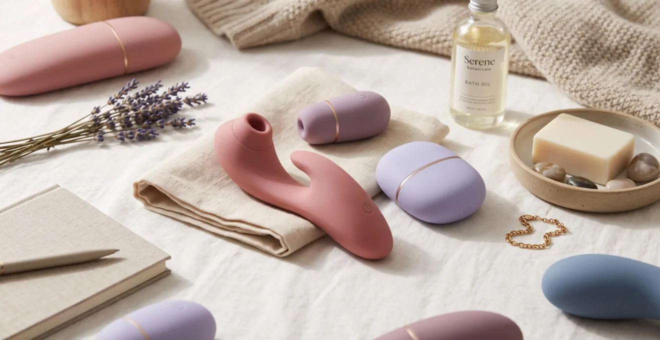 Composition élégante d'accessoires intimes modernes disposés sur un fond neutre aux tons pastel rose et violet