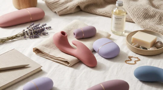 Composition élégante d'accessoires intimes modernes disposés sur un fond neutre aux tons pastel rose et violet