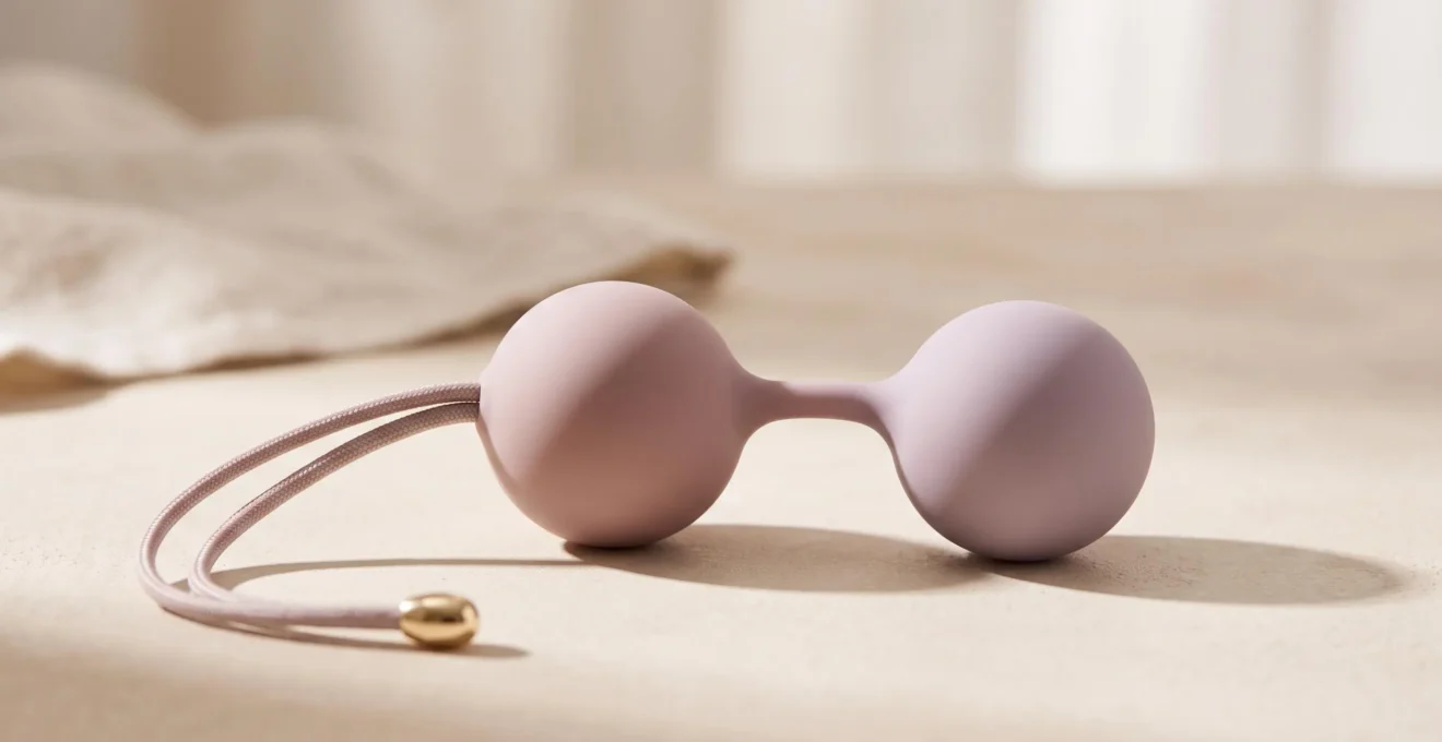 Boules de geisha doubles reliées par un cordon de retrait, tons pastel élégants, design épuré sur fond neutre