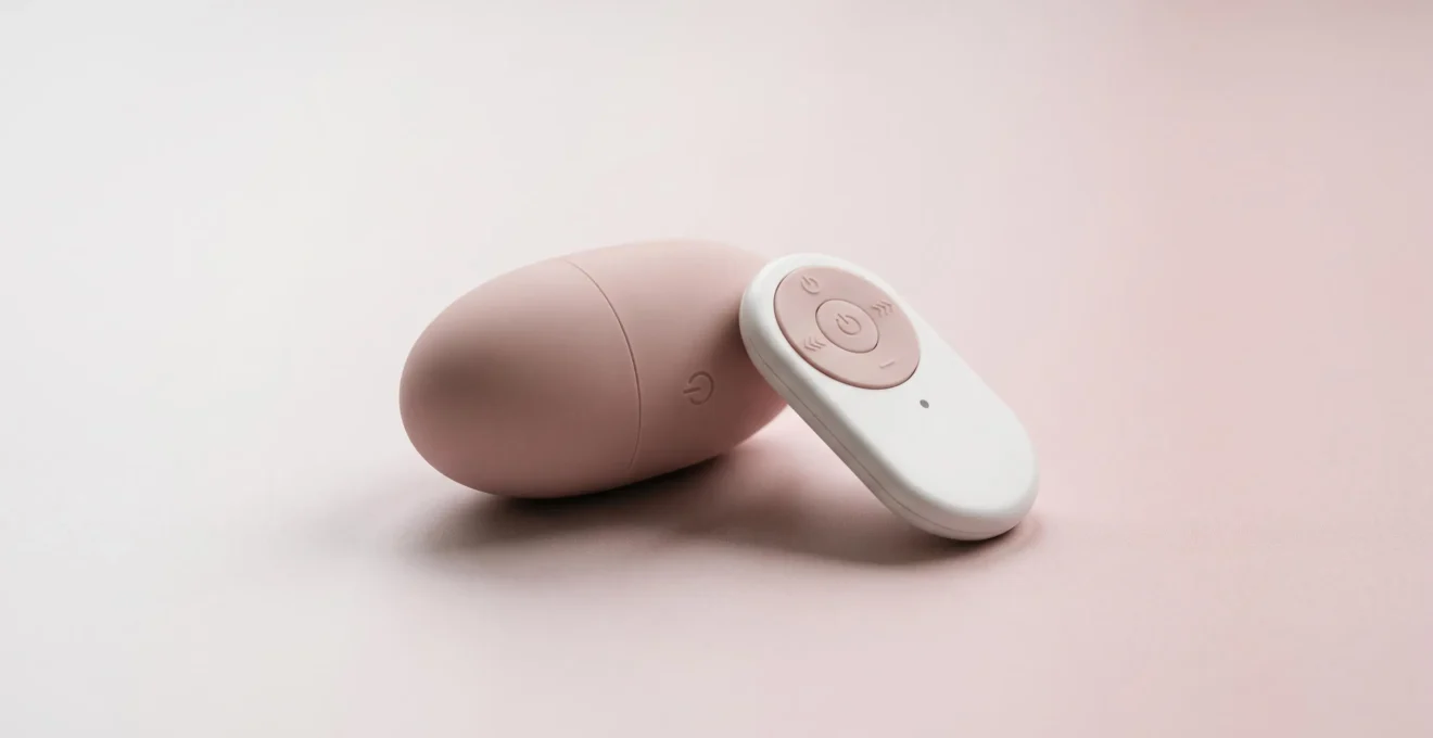 Œuf vibrant compact de forme ovoïde avec sa télécommande, design moderne aux tons rose poudré sur fond neutre