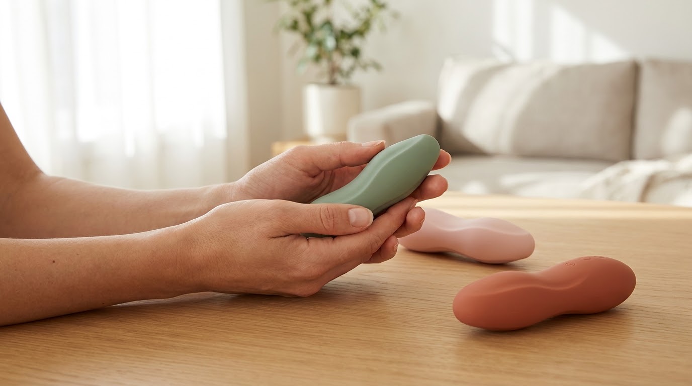 Une main féminine examine un gode courbé en silicone posé sur du lin beige, à côté d'autres modèles de formes et tailles différentes.